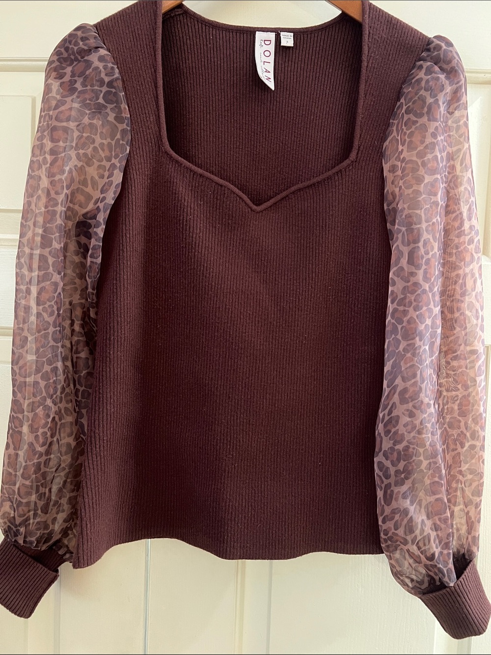 Dolan Chocolate Brown Knit Top with Sheer Leopard Puff Sleeves